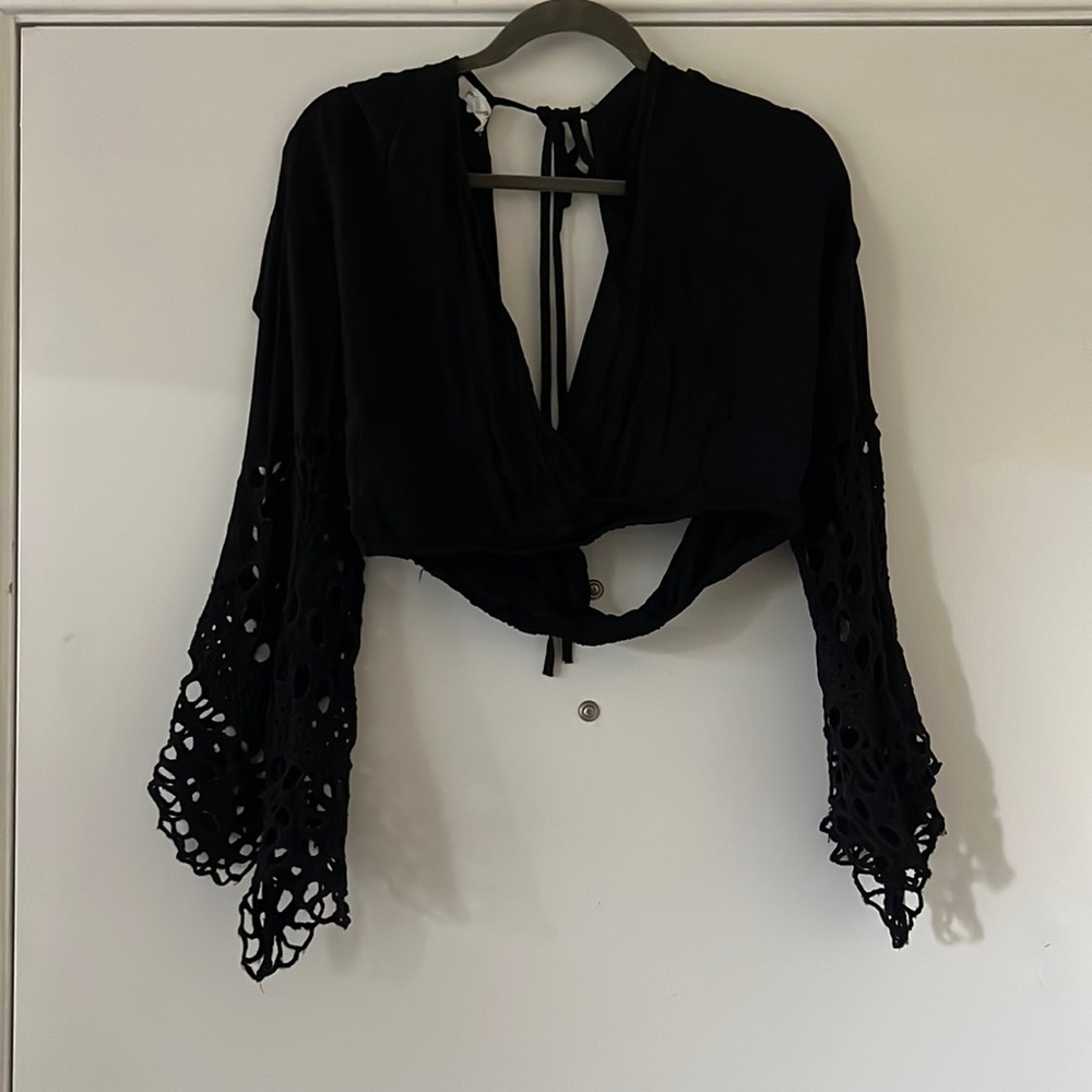 LF Stores Flared Pace Sleeve Crop Top V Neck and Open Back